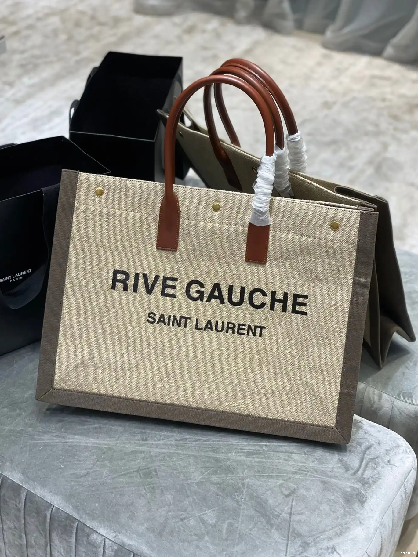 AND BAG LINEN LEATHER IN GAUCHE RIVE TOTE YSL 0616